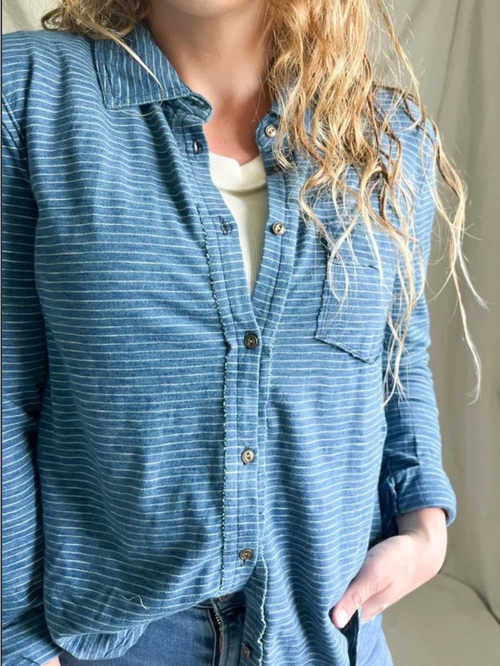 Free People- We the Free- Ambrose Striped Blue Women's Button-Up Shirt